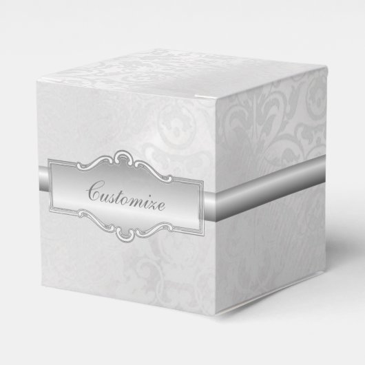 Persoonlijke Zilver-Witte Damast Kubus Favor Doos Bedankdoosjes (Voorkant Zijde)