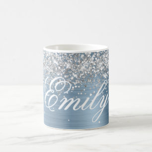 Persoonlijke Zilveren Glitter Lichtblauwe Folie Koffiemok