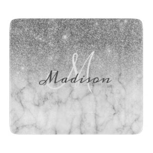 Persoonlijke Zilveren Glitter Monogram Marmer Snijplank
