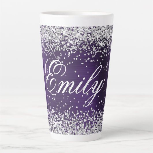 Persoonlijke Zilveren Glitters Donker Violette Fol Latte Mok (Voorkant)