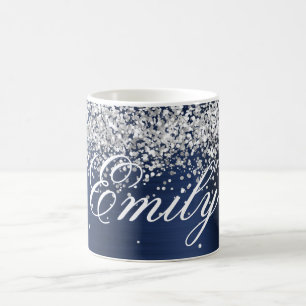 Persoonlijke zilveren glitters donkerblauwe folie koffiemok