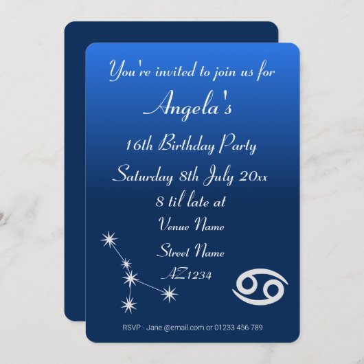 Persoonlijke Zodiac Kreeft Galaxy Feestuitnodiging Kaart (Voorkant / Achterkant)