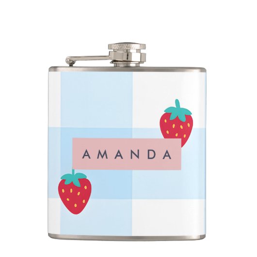 Persoonlijke Zoete Aardbei Gingham Blauw Heupfles (Voorkant)