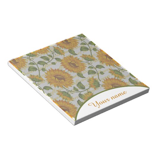 Persoonlijke zonnebloemen en tekst notitieblok (Schuin)