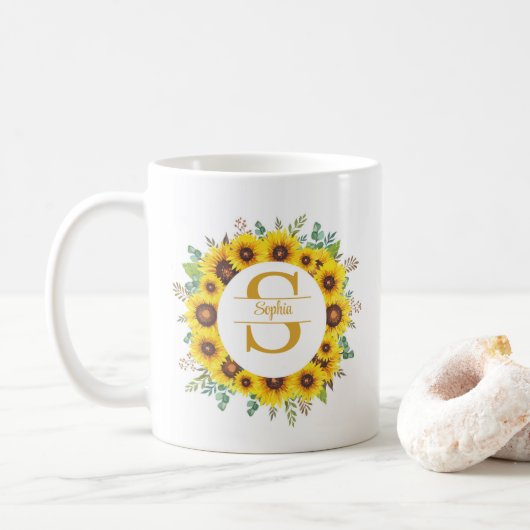 Persoonlijke zonnebloemkrans Monogram & naam Koffiemok (Met donut)