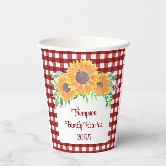 Persoonlijke zonnebloemoenreünie papieren bekers (Achterkant)
