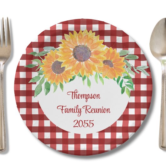 Persoonlijke zonnebloemoenreünie papieren bordje