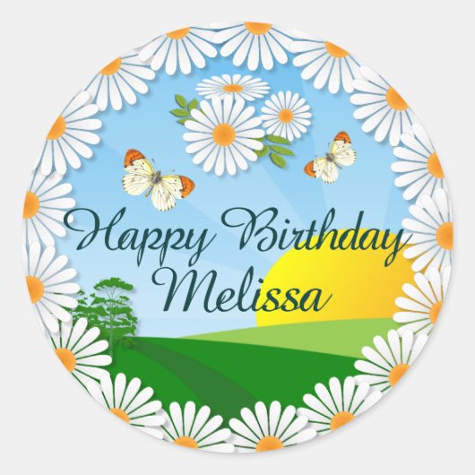 Persoonlijke zonsopgang met Daisy Border Birthday Ronde Sticker (Voorkant)