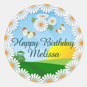 Persoonlijke zonsopgang met Daisy Border Birthday Ronde Sticker