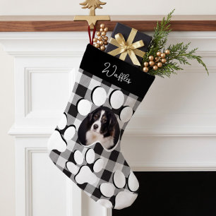 Persoonlijke Zwarte Buffalo Plaid Foto van Hond of Kleine Kerstsok