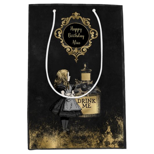Persoonlijke zwarte en gouden Alice drink me Medium Cadeauzakje (Voorkant)