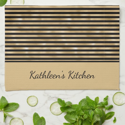 Persoonlijke Zwarte en Gouden Gestreepte Trendy St Theedoek (Gevouwen)