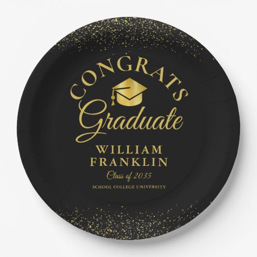 Persoonlijke Zwarte en Gouden Moderne Afstuderen Papieren Bordje (Voorkant)