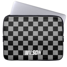 Persoonlijke zwarte en grijze geruite monogramnaam laptop sleeve