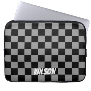 Persoonlijke zwarte en grijze geruite monogramnaam laptop sleeve