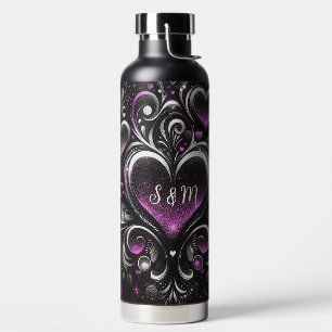 Persoonlijke zwarte en paarse glitter harten waterfles