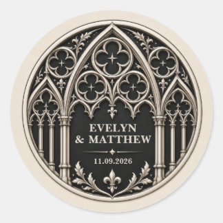 Persoonlijke zwarte en witte gotische bruiloft ronde sticker