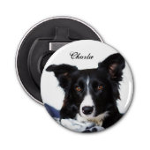 Persoonlijke zwarte en witte rand collie button flesopener (Voorkant)