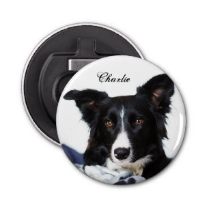 Persoonlijke zwarte en witte rand collie button flesopener