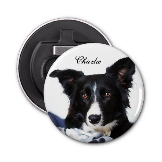 Persoonlijke zwarte en witte rand collie button flesopener (Voorkant)