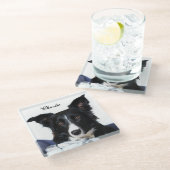 Persoonlijke zwarte en witte rand collie glazen onderzetter (Schuin)