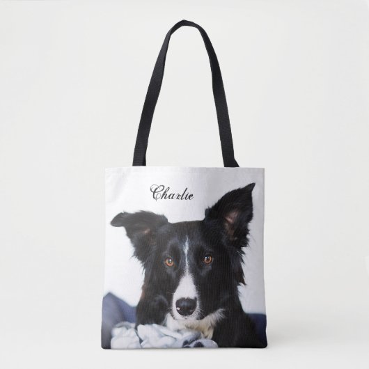 Persoonlijke zwarte en witte rand collie tote bag (Voorkant)