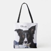 Persoonlijke zwarte en witte rand collie tote bag (Achterkant)