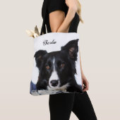 Persoonlijke zwarte en witte rand collie tote bag (Dichtbij)
