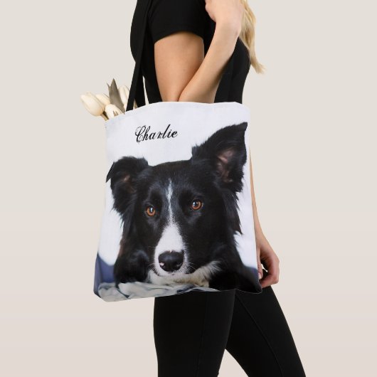 Persoonlijke zwarte en witte rand collie tote bag (Dichtbij)