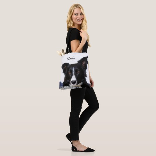 Persoonlijke zwarte en witte rand collie tote bag (Op model)