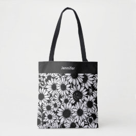 persoonlijke zwarte en witte zonnebloemen boodscha tote bag