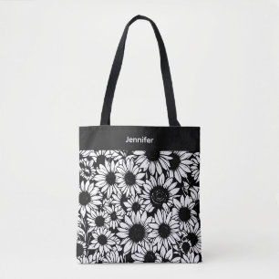 persoonlijke zwarte en witte zonnebloemen boodscha tote bag