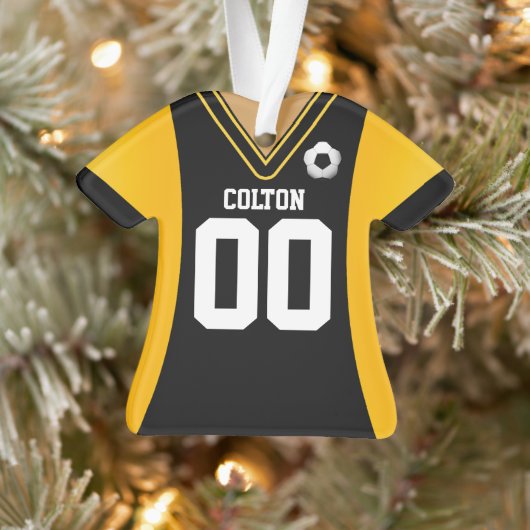 Persoonlijke Zwarte/Gele Voetbalshirt Ornament (Boom)