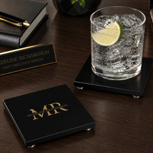 Persoonlijke zwarte gouden monogram Executive Glas Glazen Onderzetter