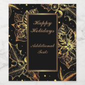 Persoonlijke Zwarte & Gouden Poinsettia's & Hulst Wijn Etiket (Enkel label)