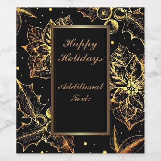 Persoonlijke Zwarte & Gouden Poinsettia's & Hulst Wijn Etiket (Enkel label)