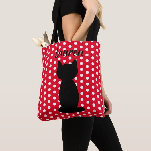 Persoonlijke zwarte kat Silhouette Polka Dots Tote Bag (Dichtbij)