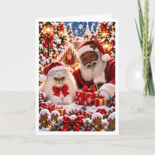Persoonlijke Zwarte Kerstman en Perzische Kat Kers Feestdagen Kaart