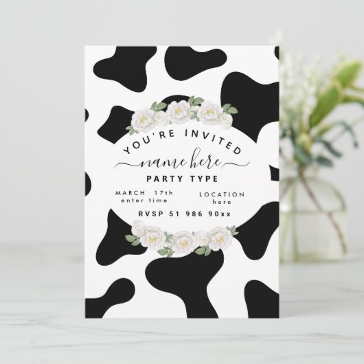 Persoonlijke zwarte koeienprint uitnodigingen (Staand voorkant)