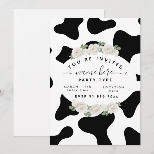 Persoonlijke zwarte koeprint uitnodigingen (Voorkant / Achterkant)