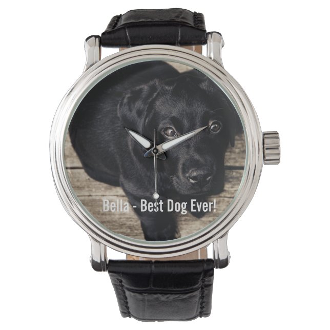 Persoonlijke zwarte-labfoto en naam van de hond horloge (Voorkant)