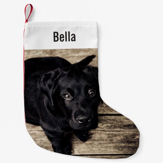 Persoonlijke zwarte-labfoto en naam van de hond kleine kerstsok (Voorkant)
