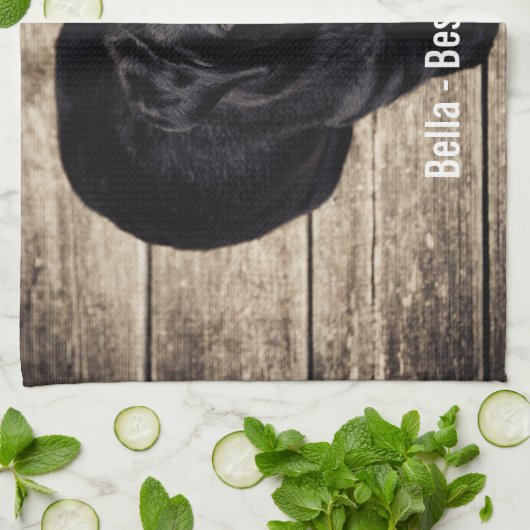 Persoonlijke zwarte-labfoto en naam van de hond theedoek (Gevouwen)