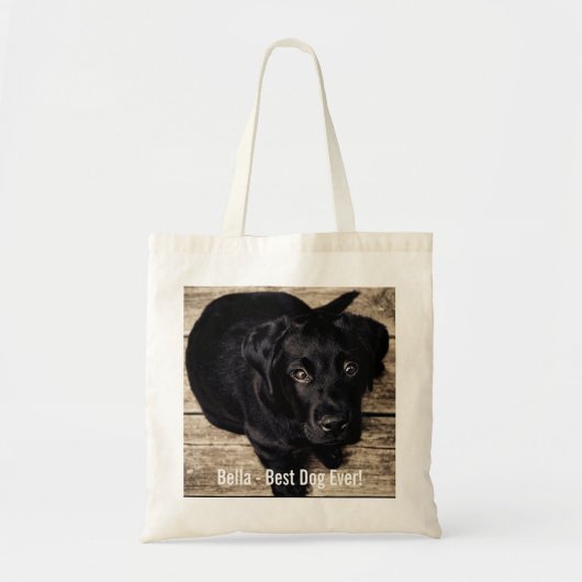 Persoonlijke zwarte-labfoto en naam van de hond tote bag (Voorkant)