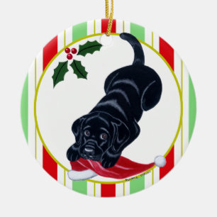 Persoonlijke zwarte labrador puppy & Santa Hat Keramisch Ornament