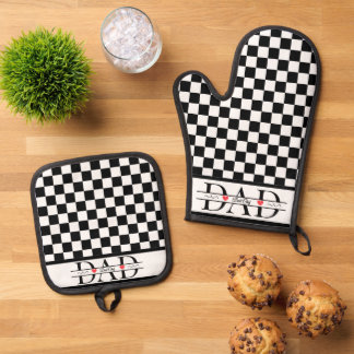 Persoonlijke Zwarte Retro Geruite Papa Beste Chef Ovenwant & Pannenlap Set