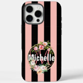 Persoonlijke Zwarte Roze Gestreepte Bloemige Aange Case-Mate iPhone Case (Achterkant)