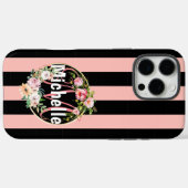 Persoonlijke Zwarte Roze Gestreepte Bloemige Aange Case-Mate iPhone Case (Achterkant (horizontaal))