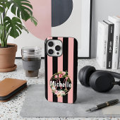 Persoonlijke Zwarte Roze Gestreepte Bloemige Aange Case-Mate iPhone Case