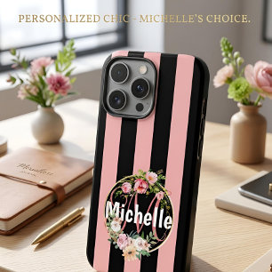 Persoonlijke Zwarte Roze Gestreepte Bloemige Aange iPhone 16 Pro Max Hoesje